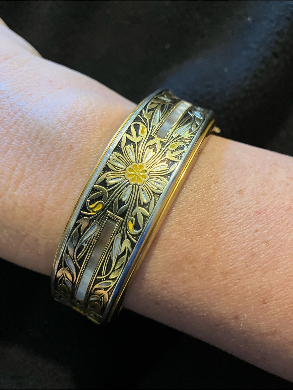 Antique Art Nouveau Champleve Enamel Mother of Pearl Bangle Bracelet